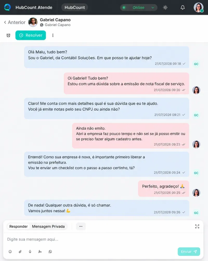 HubCount Atende com central de atendimento e histórico por cliente