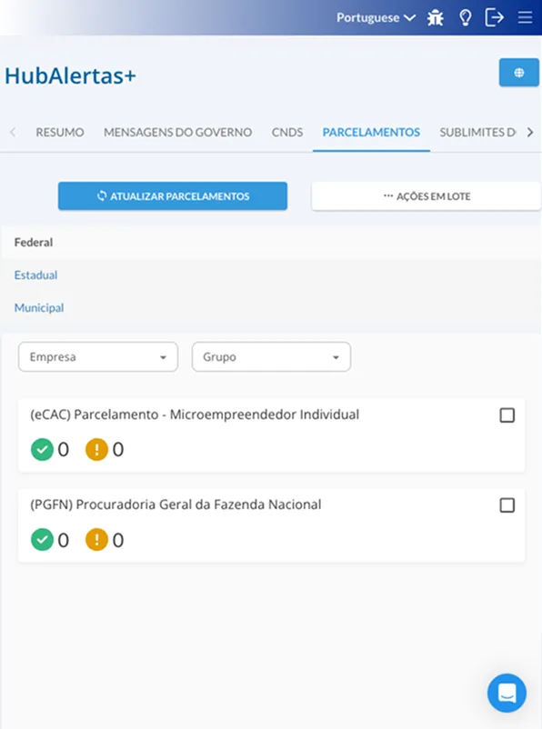 HubCount Alertas com monitoramento de parcelamentos e obrigações