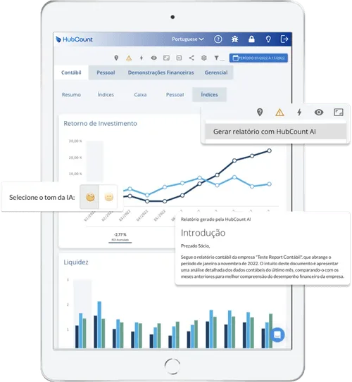 HubCount BI em tablet com dashboards e indicadores do escritório